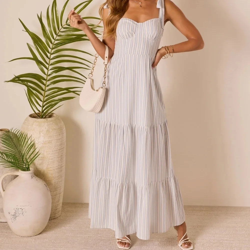 Vici White and Blue Striped Maxi Dress - Picture 1 of 4